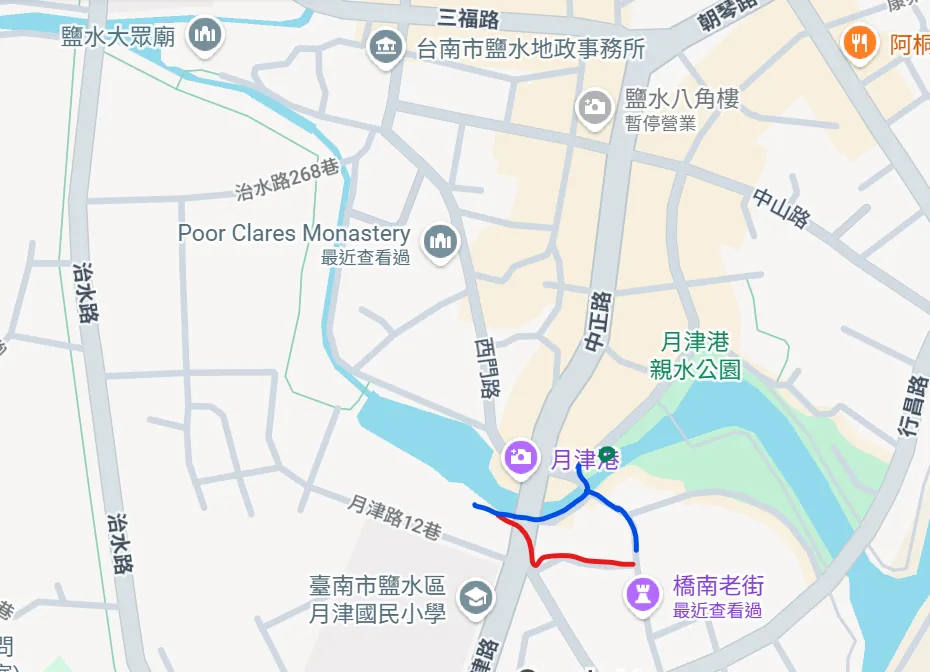 月津港與橋南老街一帶的地圖,標著藍色與紅色的路線